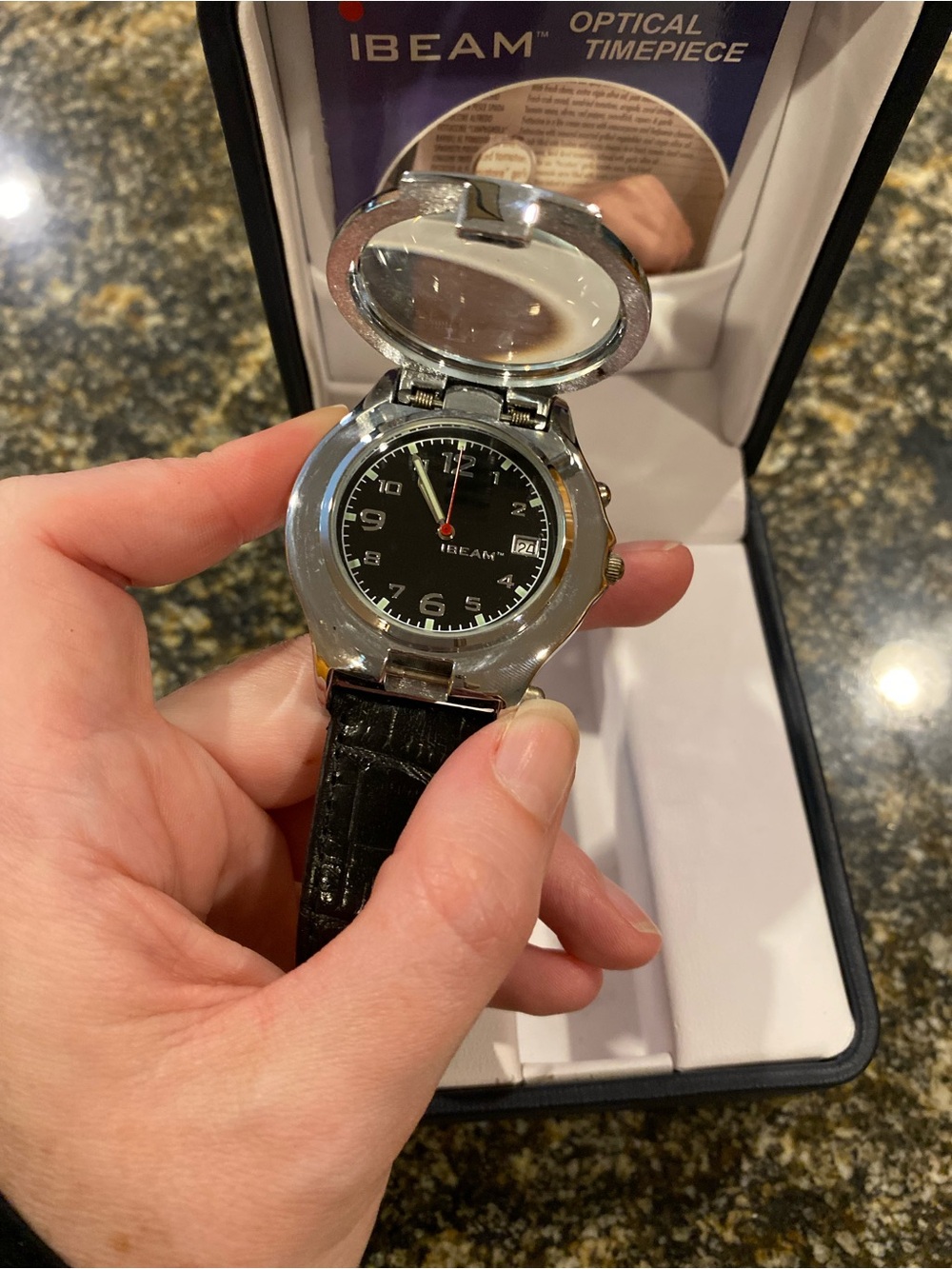 Men’s Black Dial Optical Timepiece Watch with Black Leather Strap